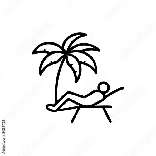 Black Line Drawing Child Relaxing Beach Lounger Palm Tree Summer Vacation Icon Symbol
