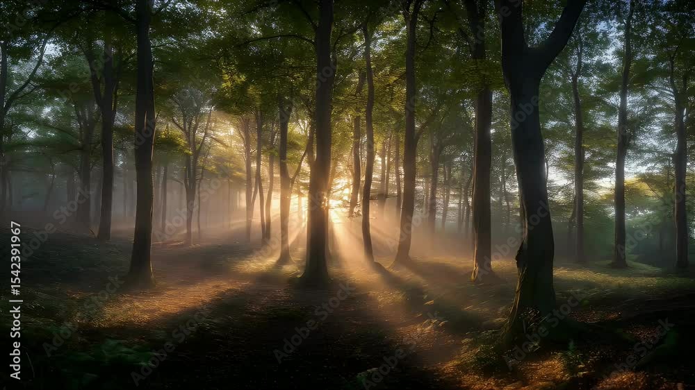 Sunlit Forest Path with Misty Fog and Vibrant Green Foliage Sunlit Forest Path with Misty Fog and Vibrant Green Foliage
