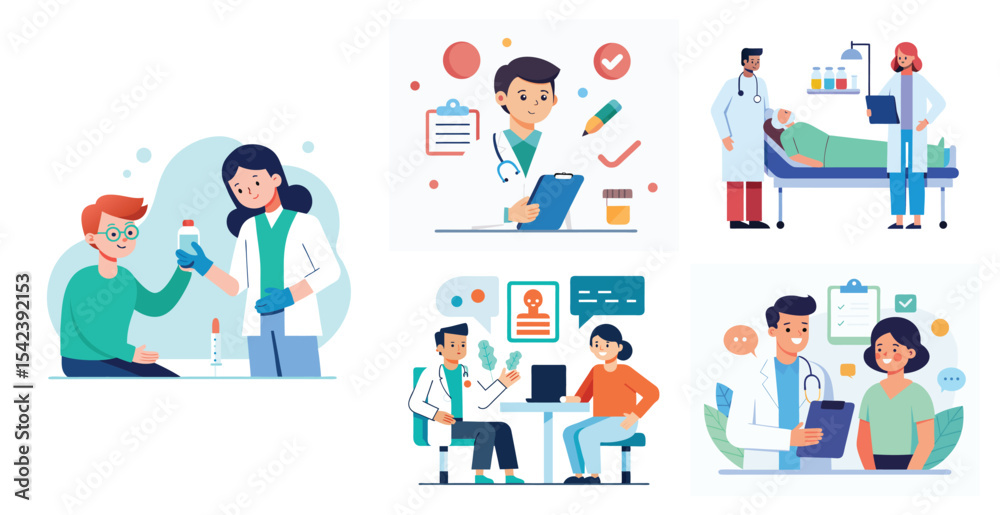 Collection of scenes with doctor and patient activities illustration. Trendy vector style Collection of scenes with doctor and patient activities illustration. Trendy vector style