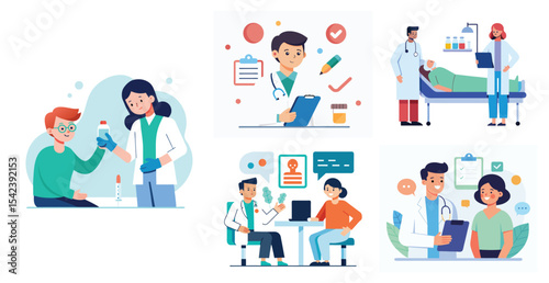 Collection of scenes with doctor and patient activities illustration. Trendy vector style