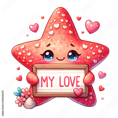 Cute Starfish Valentine: An adorable cartoon starfish holds a sign saying "My Love," surrounded by hearts and flowers. This illustration is perfect for Valentine's Day or any romantic occasion.