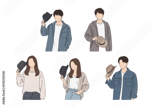 Simple Flat Illustration of People Holding a Hat Portrait Style Group