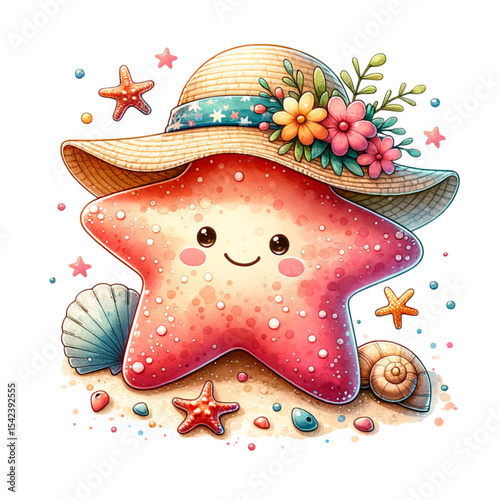 Starfish's Seaside Serenade: A cheerful starfish, adorned with a stylish sunhat, seashell, sand and small pebble at the beach. This illustration captures the essence of summer