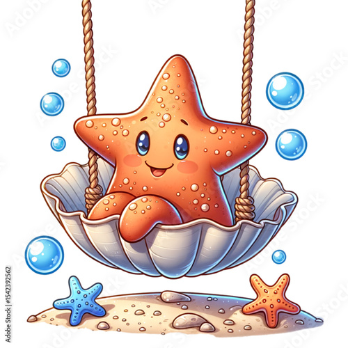 Cheerful Starfish on a Seashell Swing: A captivating illustration showcasing a charming starfish joyfully swinging in a seashell, surrounded by playful bubbles and miniature starfishes.