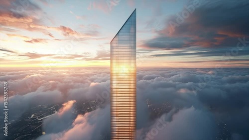 Skyscraper piercing sunset clouds