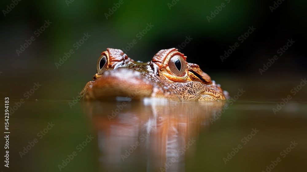 Obraz premium This image captures a close-up of a frog partially submerged in water, showcasing its unique eyes and textured skin in a serene natural setting.