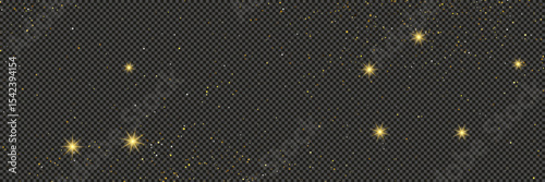 Gold glittering dust with stars on transparent backdrop