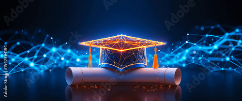 Low Poly Wireframe Glowing Graduation Cap and Diploma Certificate – Digital Education and Achievement Concept on Dark Background