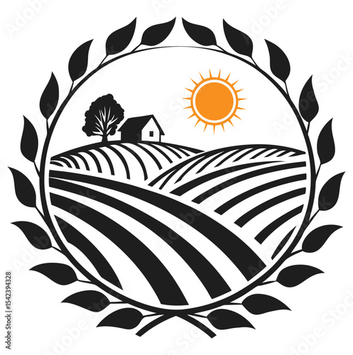 Rustic agricultural badge with rising sun symbol vector