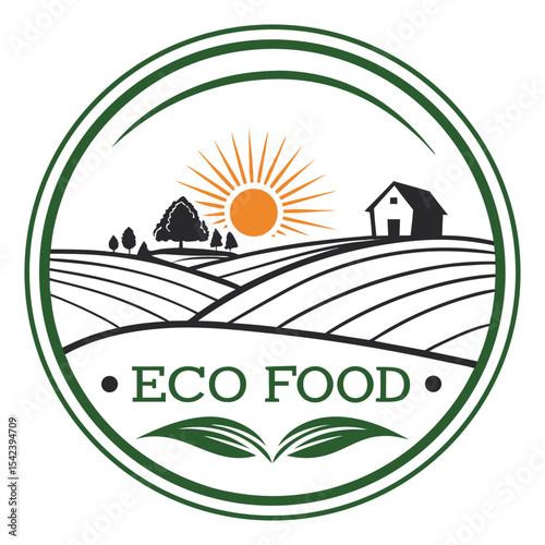 Modern circular eco food logo with sun and tractor vector