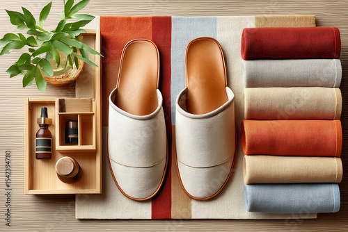 Minimalist spa items with slippers, towels, and oils for relaxation
