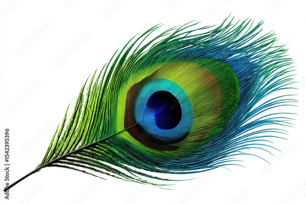 Obraz premium Vivid peacock feather showcasing stunning colors and intricate patterns in a natural setting during golden hour