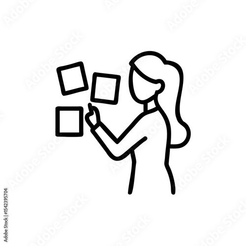 Woman with Long Hair Arranging Square Sticky Notes on Wall Office Planning Task Management Handmade Illustration
