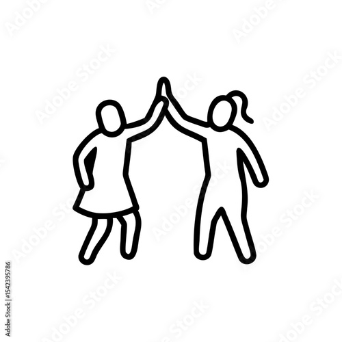 Two Women Giving High Five Black Line Art Illustration Handmade Woman Teamwork Success Celebration