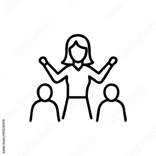 Black Line Art Icon Woman Leading Two People Team Meeting Presentation Handmade Illustration