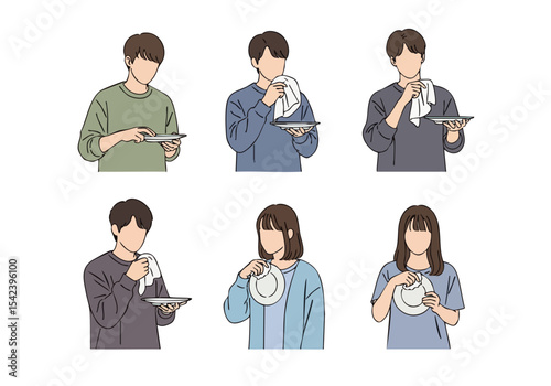 Hand Drawn Minimalist People Wiping Their Mouth with Napkin after Dinner Illustration