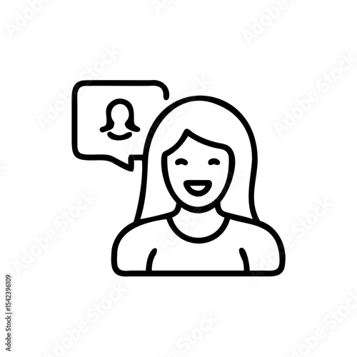 Happy Woman with Speech Bubble Showing Notification Icon Line Art Illustration smiling