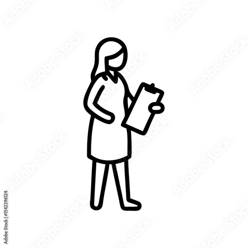 Black Line Drawing Woman Holding Clipboard Office Worker Simple Illustration Handmade Style