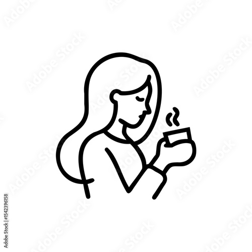 Line Art Illustration Woman Long Hair Holding Hot Beverage Cup Steam Cozy Handmade