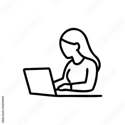 Woman with Long Hair Working on Laptop Computer Simple Line Art Illustration Handmade Design