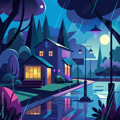 rainy night city landscape