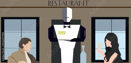 Robot Waiter Serving a Couple in a Modern Restaurant. A robot waiter serves a man and woman at stylish restaurant. Minimalist illustration exploring automation, AI, and the future of customer service