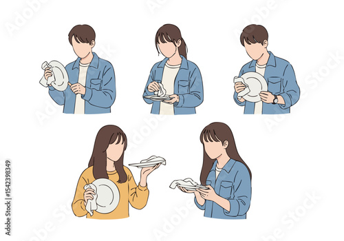 Minimalist Line Art People Washing Dishes at Home Illustration