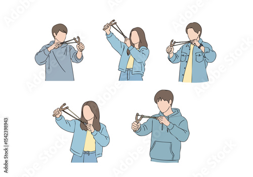 Line Art People Using Slingshot Activity Set Illustration on White Background