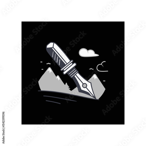 A pen soaring above a mountain landscape, symbolizing creativity.