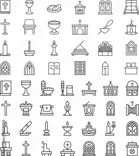 Christian Religion Line Icons – Cross, Bible, Church, Prayer Vector Set,  Good Friday Cross Silhouette with Sunburst and Draped Cloth Vector Illustration 