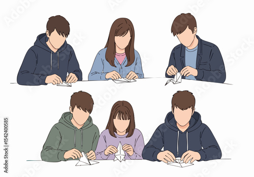 Simple Line Art People Making Origami Together Activity Illustration
