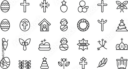 Christian Religion Line Icons – Cross, Bible, Church, Prayer Vector Set,  Good Friday Cross Silhouette with Sunburst and Draped Cloth Vector Illustration 