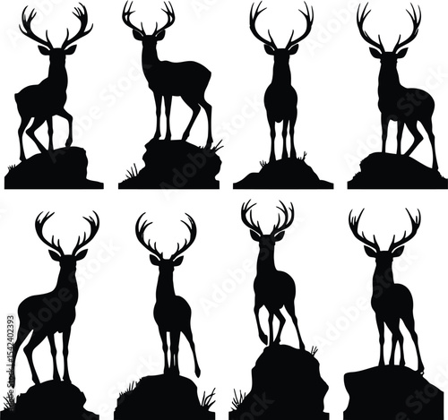 Eight deer silhouettes on rocks silhouette