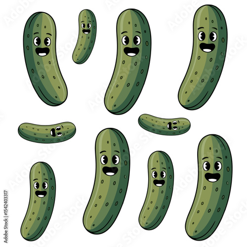 Set of nine cartoon pickles with happy faces, isolated on white background