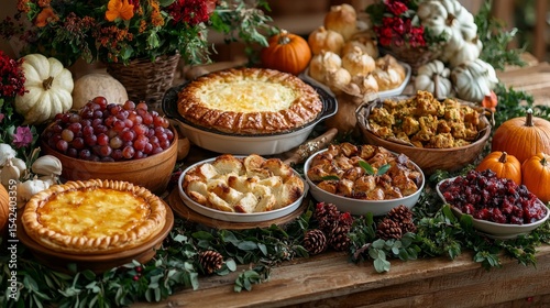 A festive autumn harvest spread featuring an array of delicious seasonal dishes and vibrant fall decorations on a rustic wooden table
