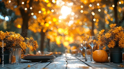A beautifully set outdoor dining table adorned with vibrant autumn flowers and elegant tableware, capturing the essence of fall gatherings in warm light.