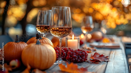 A beautifully arranged autumn dining table featuring pumpkins, grapes, a candle, and wine glasses amidst vibrant fall foliage