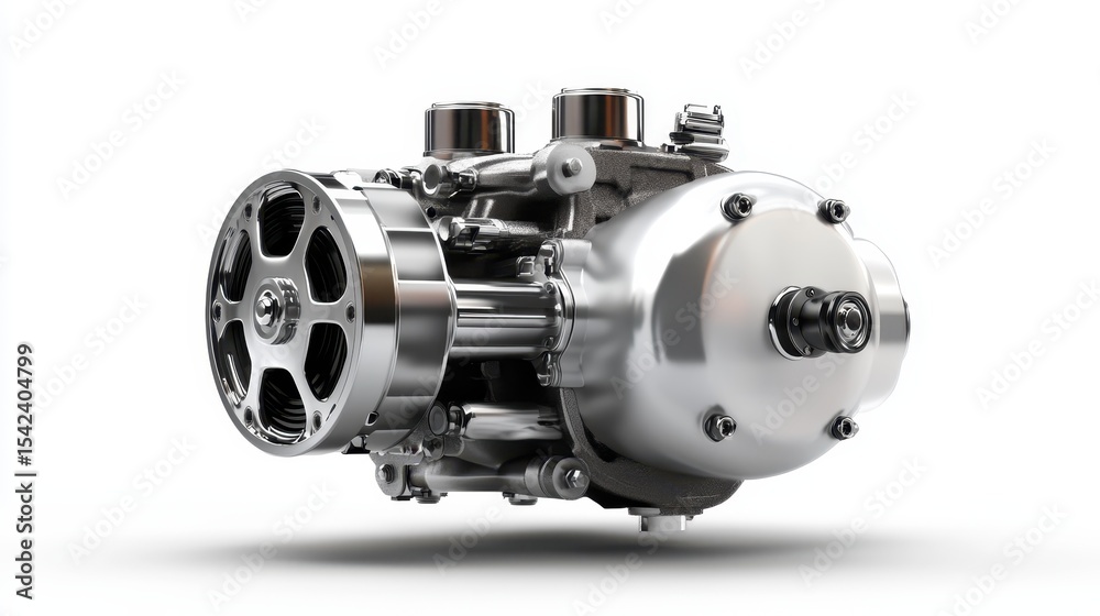 Obraz premium A close-up of a sophisticated engine part gleams with polished metal surfaces, emphasizing precision engineering and the mechanics of automotive design.