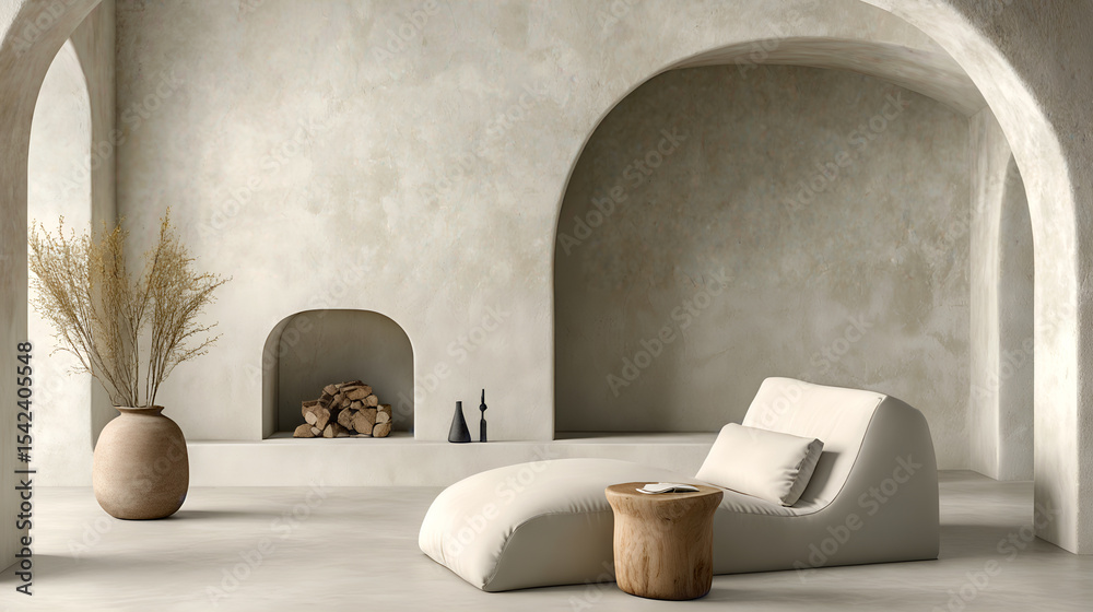 Fototapeta premium Modern minimalist living room with archway and beige chaise lounge in neutral tones
