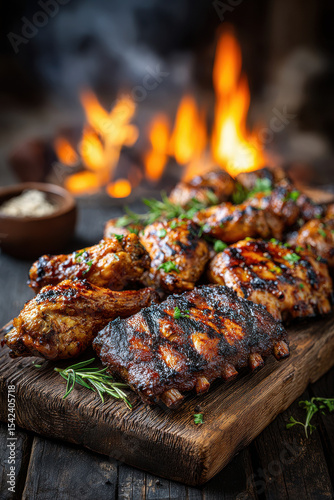 Delicious grilled barbecue ribs and chicken with fresh herbs on rustic wooden board by cozy fire