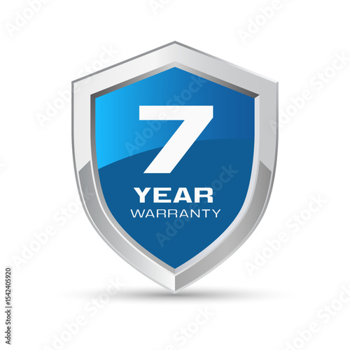 7 year warranty silver metal shield in blue color. Seven year warranty shield vector illustration. Metallic security badge.