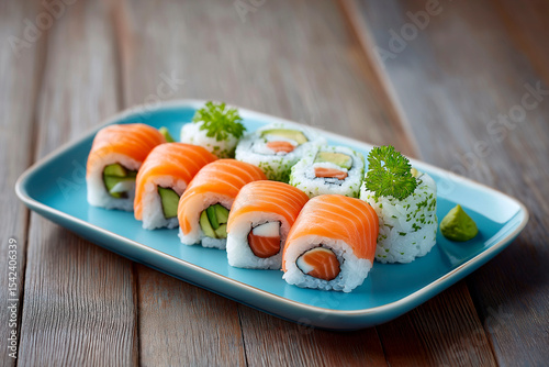 Assorted sushi rolls with fresh salmon, cucumber and avocado on a blue plate, served with wasabi and herbs over a wooden surface