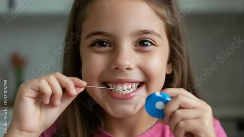 Girl flossing her teeth
