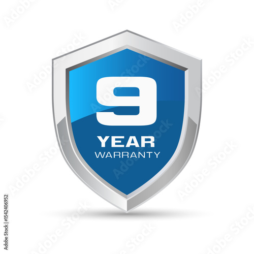 9 year warranty silver metal shield in blue color. Nine year warranty shield vector illustration. Metallic security badge.