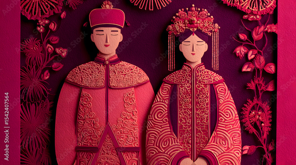 Obraz premium Intricate paper cut illustration of a traditional chinese wedding couple celebrating love and marriage