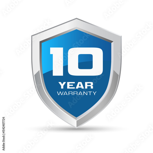 10 year warranty silver metal shield in blue color. Ten year warranty shield vector illustration. Metallic security badge.