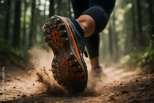 A low-angle view captures a person's athletic shoe kicking up dust on a forest trail, emphasizing dynamic motion and outdoor activity