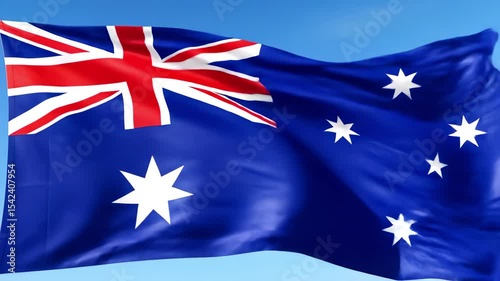 Australian Flag Waving: National Symbol of Australia with Union Jack & Stars Against Blue Sky. Commonwealth Nation. 4K Video Footage.