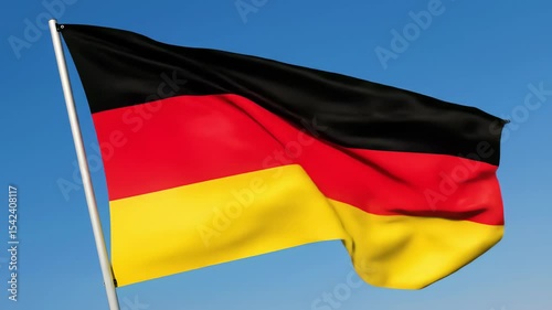 German Flag Waving: National Symbol of Germany Against Blue Sky. Black, Red & Gold Tricolor, European Power. 4K Video Footage.