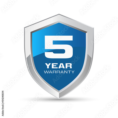 5 year warranty silver metal shield in blue color. Five year warranty shield vector illustration. Metallic security badge.